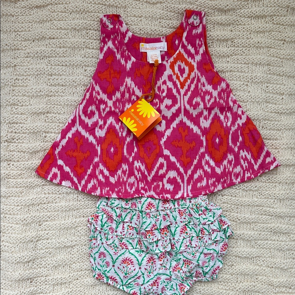 Masala Baby Fuchsia and Orange Ikat Top with Floral Ruffle Bloomers